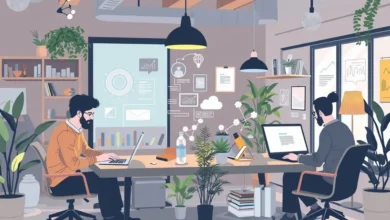Empreendedores e nômades digitais colaborando em um espaço de trabalho acolhedor.