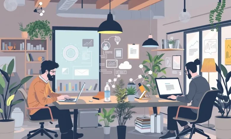 7 Estratégias Para Aumentar a Lucratividade da Sua Empresa em 2025 - Web Nômade Digital Empreendedores e nômades digitais colaborando em um espaço de trabalho acolhedor.