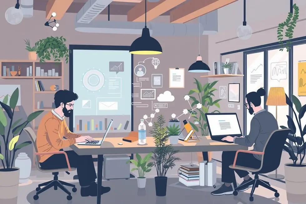 Empreendedores e nômades digitais colaborando em um espaço de trabalho acolhedor.