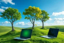 Imagem de crescimento sustentável com elementos digitais e naturais.