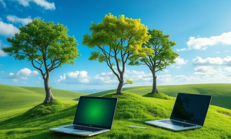 Imagem de crescimento sustentável com elementos digitais e naturais.