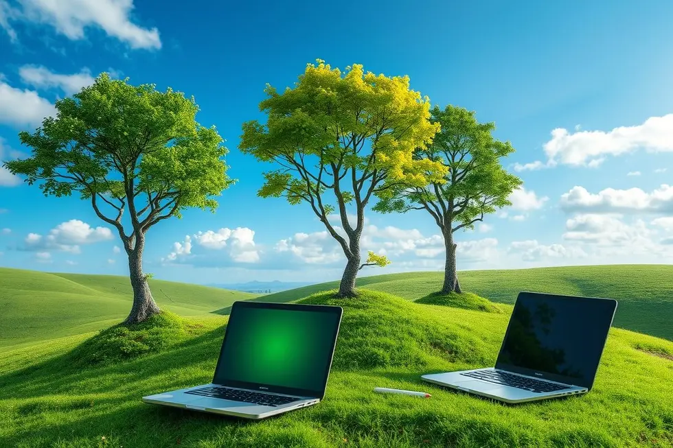 Imagem de crescimento sustentável com elementos digitais e naturais.