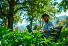 Nômade digital utilizando laptop em um ambiente verde e sereno.
