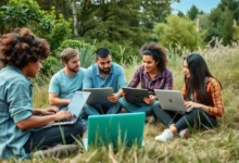 Grupo diversificado de nômades digitais trabalhado em harmonia com a natureza.