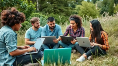 Grupo diversificado de nômades digitais trabalhado em harmonia com a natureza.