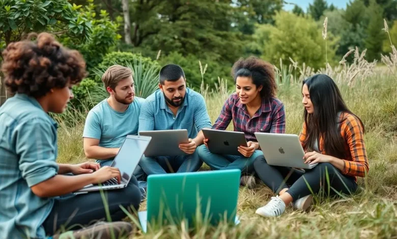 7 Estratégias de Crescimento Sustentável para Empreendedores Digitais - Web Nômade Digital Grupo diversificado de nômades digitais trabalhado em harmonia com a natureza.