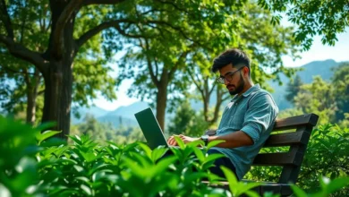 Nômade digital utilizando laptop em um ambiente verde e sereno.