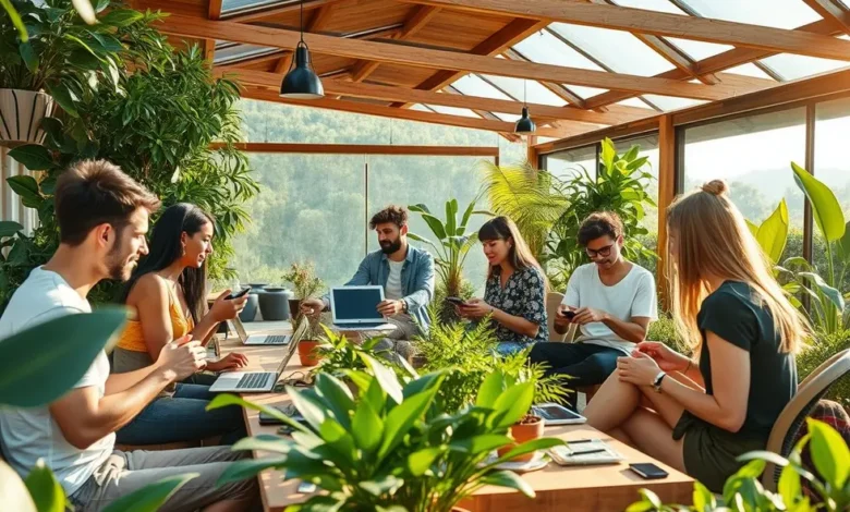 7 Estratégias Para Escalar Seu Negócio de Forma Sustentável em 2023 - Web Nômade Digital Imagem de capa apresentando nômades digitais aplicando práticas sustentáveis no empreendedorismo.