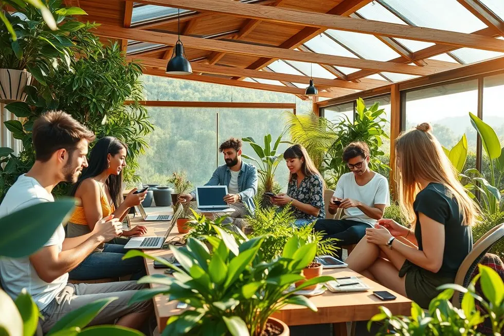 Imagem de capa apresentando nômades digitais aplicando práticas sustentáveis no empreendedorismo.