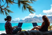 Nômades digitais trabalhando em um ambiente inspirador.