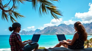 Nômades digitais trabalhando em um ambiente inspirador.