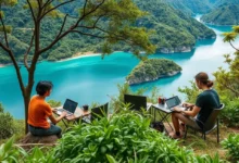 Nômades digitais trabalhando em um ambiente sustentável e produtivo.