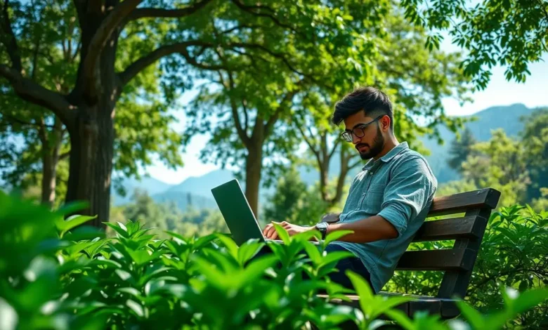 7 Estratégias Práticas para Escalar Seu Negócio de Forma Sustentável - Web Nômade Digital Nômade digital utilizando laptop em um ambiente verde e sereno.