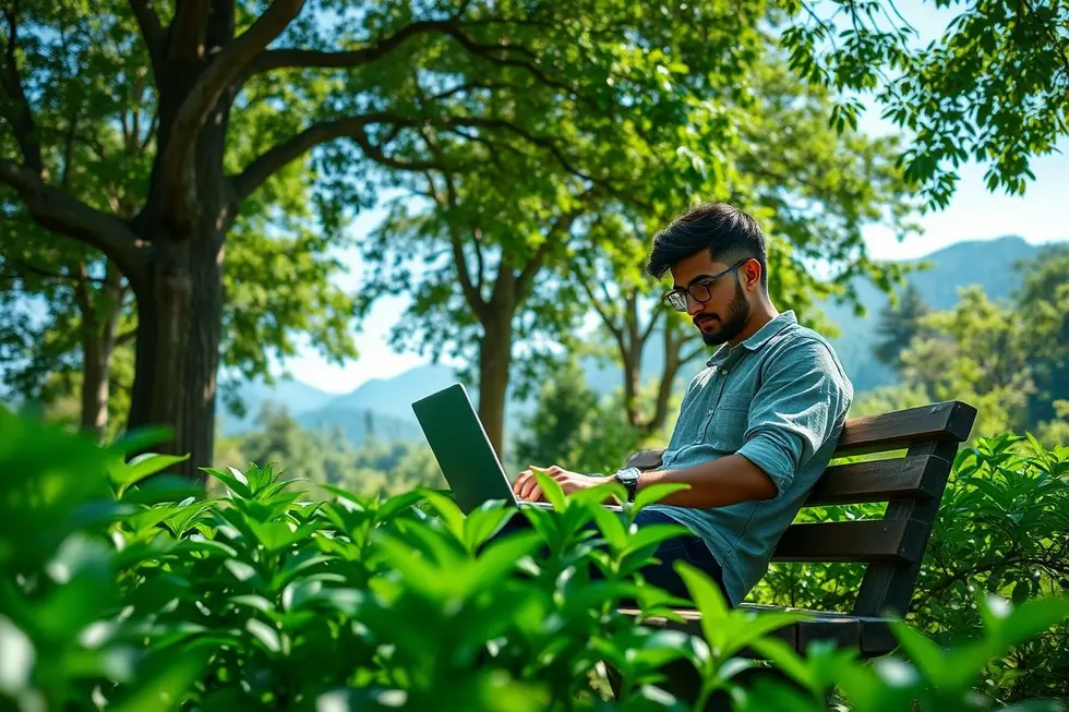 Nômade digital utilizando laptop em um ambiente verde e sereno.