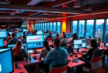 Um grupo diversificado de empreendedores digitais se reunindo em um ambiente moderno, acessando plataformas online.