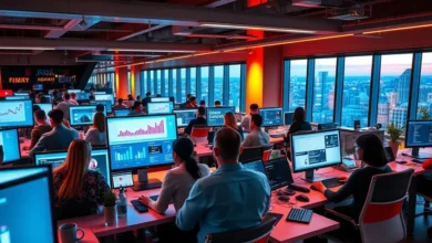 Um grupo diversificado de empreendedores digitais se reunindo em um ambiente moderno, acessando plataformas online.