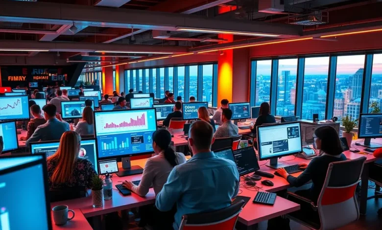 7 Estratégias Para Empreendedores Digitais Aumentarem Seus Lucros - Web Nômade Digital Um grupo diversificado de empreendedores digitais se reunindo em um ambiente moderno, acessando plataformas online.