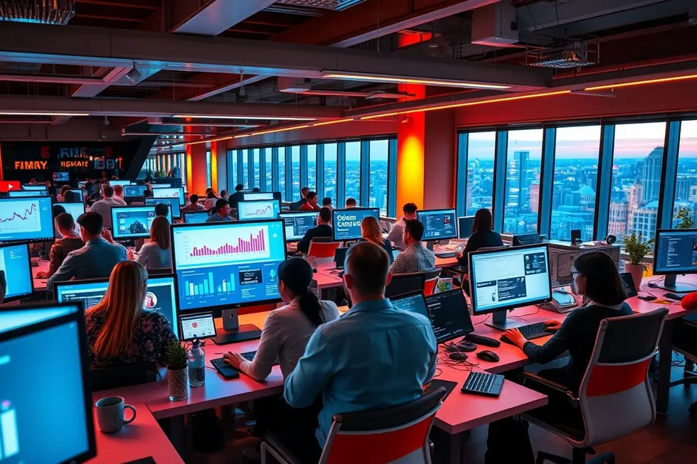 Um grupo diversificado de empreendedores digitais se reunindo em um ambiente moderno, acessando plataformas online.