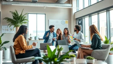 Grupo de empreendedores colaborando em estratégias de negócios.