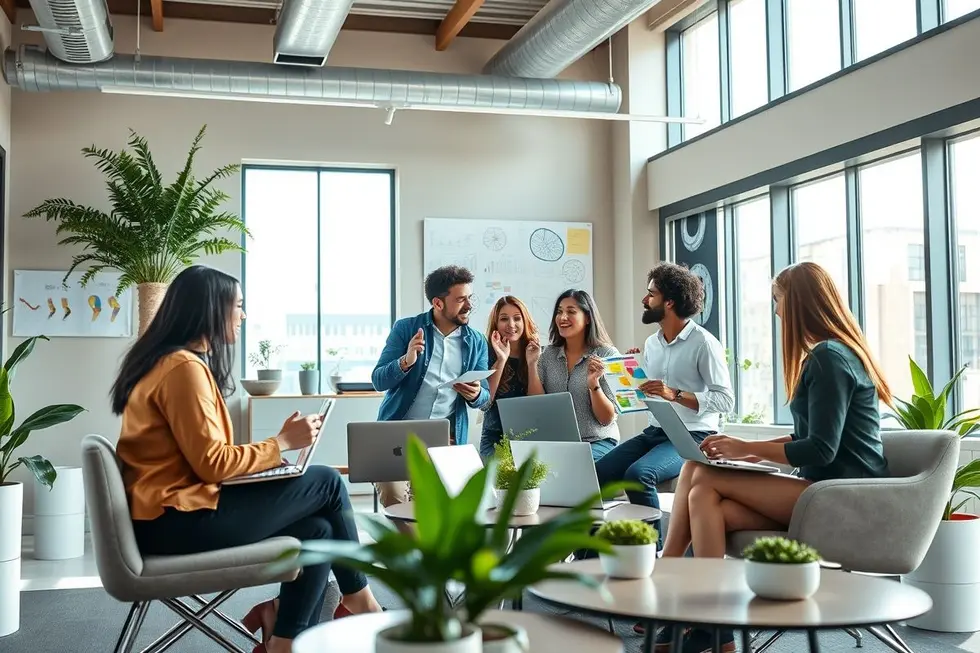 Grupo de empreendedores colaborando em estratégias de negócios.