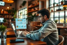 Nômade digital trabalhando em um café com planejamento estratégico