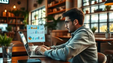 Nômade digital trabalhando em um café com planejamento estratégico