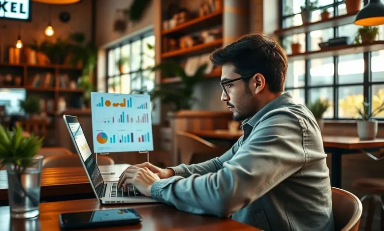 Nômade digital trabalhando em um café com planejamento estratégico