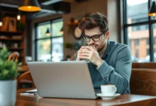 Empreendedor digital desenvolvendo estratégias em um café.