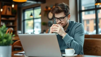 Empreendedor digital desenvolvendo estratégias em um café.
