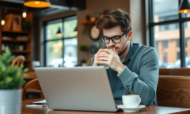 Empreendedor digital desenvolvendo estratégias em um café.