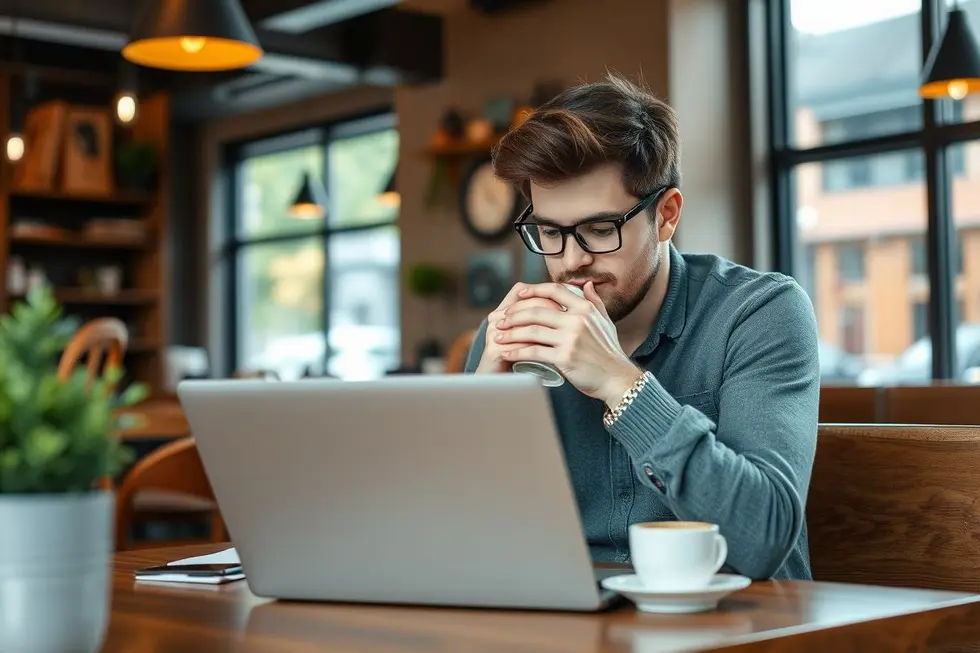 Empreendedor digital desenvolvendo estratégias em um café.