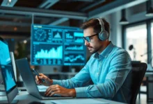 Empreendedor analisando dados em um espaço de trabalho moderno.