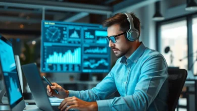 Empreendedor analisando dados em um espaço de trabalho moderno.