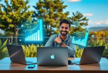 Um nômade digital em um ambiente de trabalho vibrante, simbolizando crescimento através de gestão estratégica.
