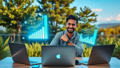 Um nômade digital em um ambiente de trabalho vibrante, simbolizando crescimento através de gestão estratégica.