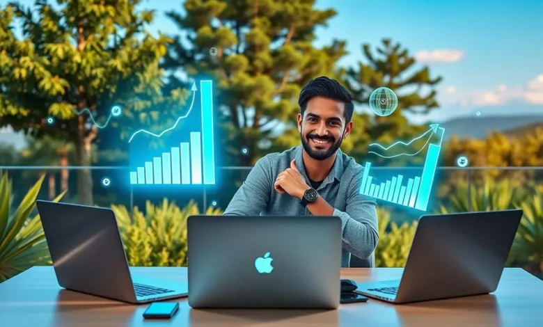 7 Estratégias de Gestão Estratégica para Aumentar seu Lucro Agora - Web Nômade Digital Um nômade digital em um ambiente de trabalho vibrante, simbolizando crescimento através de gestão estratégica.
