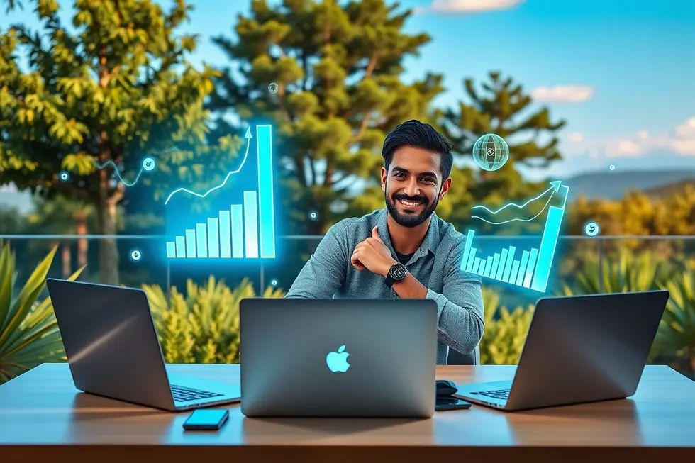 Um nômade digital em um ambiente de trabalho vibrante, simbolizando crescimento através de gestão estratégica.