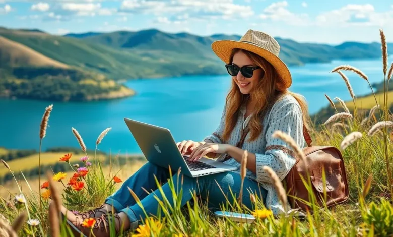 6 Estratégias de Gestão Estratégica para Aumentar a Lucratividade do Seu Negócio Online - Web Nômade Digital Nômade digital trabalhando em um lugar bonito