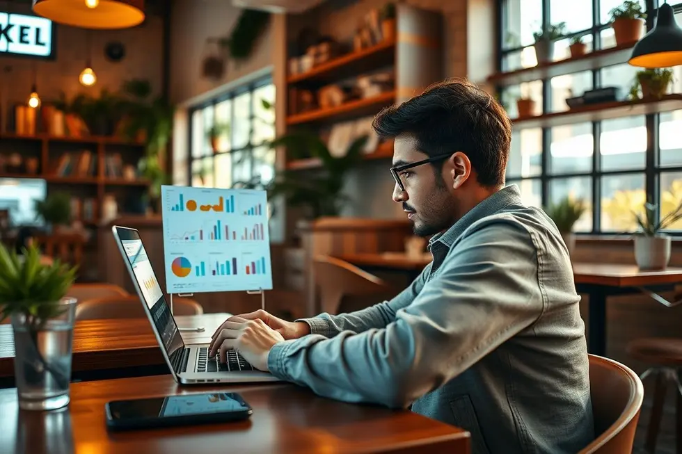 Nômade digital trabalhando em um café com planejamento estratégico