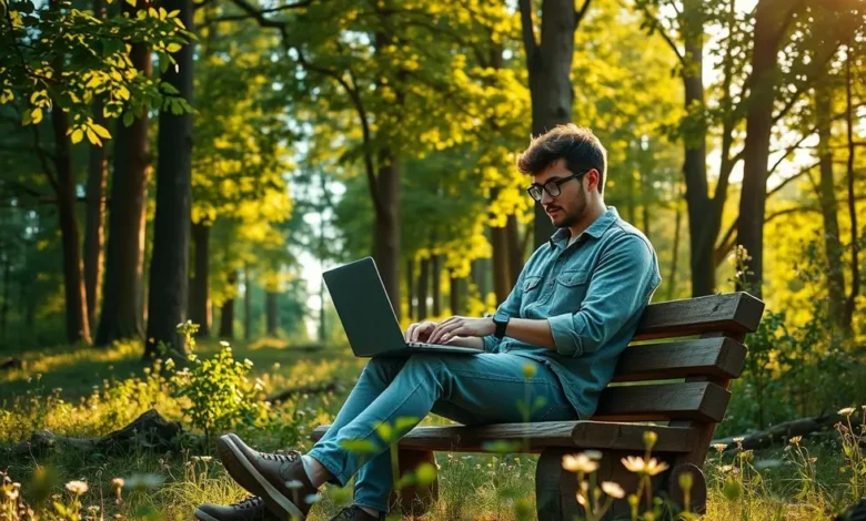 10 Estratégias Infalíveis para Aumentar a Lucratividade do Seu Negócio Online - Web Nômade Digital Nômade digital trabalhando em um laptop ao ar livre.