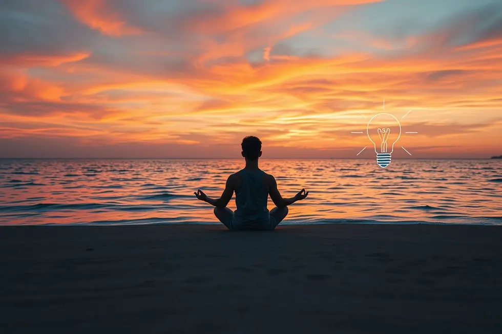Um nômade relaxando à beira-mar, simbolizando a liberdade enquanto gere seu negócio sustentável.