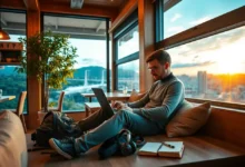 Empreendedor nômade digital trabalhando em um café