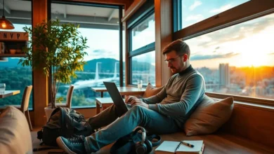 Empreendedor nômade digital trabalhando em um café