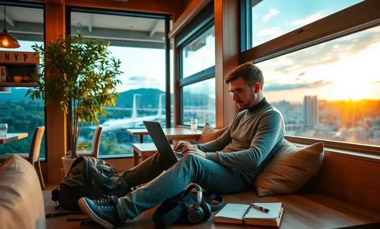 Empreendedor nômade digital trabalhando em um café