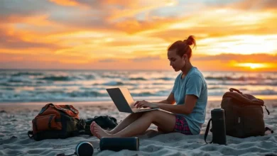 Nômade digital trabalhando em um laptop na praia ao pôr do sol.