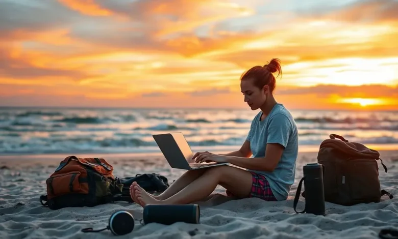 Nômade digital trabalhando em um laptop na praia ao pôr do sol.