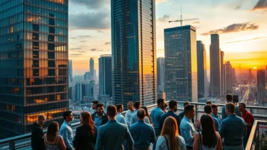 Vista da cidade iluminada, representando conexões de negócios e oportunidades.