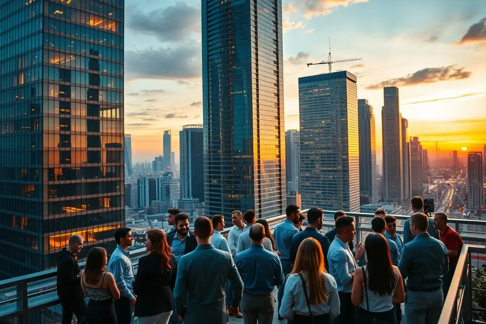 Vista da cidade iluminada, representando conexões de negócios e oportunidades.