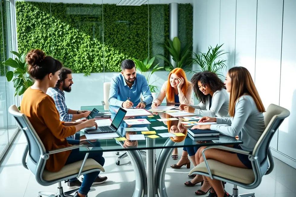 Grupo de pessoas colaborando em uma sessão de mentoria.