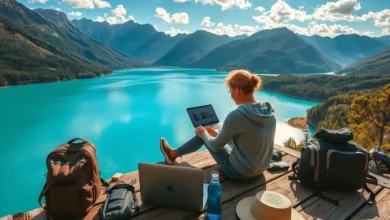 Nômade digital trabalhando em um laptop em um ambiente inspirador.